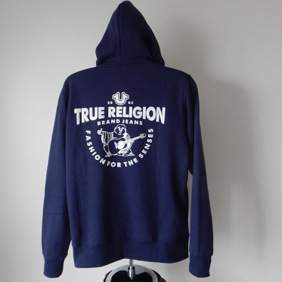 TRUE RELIGION Logo Core ZIP UP ACE BLUE Fleece Men's Hoodie Jacket LARGE NWT - Picture 1 of 10